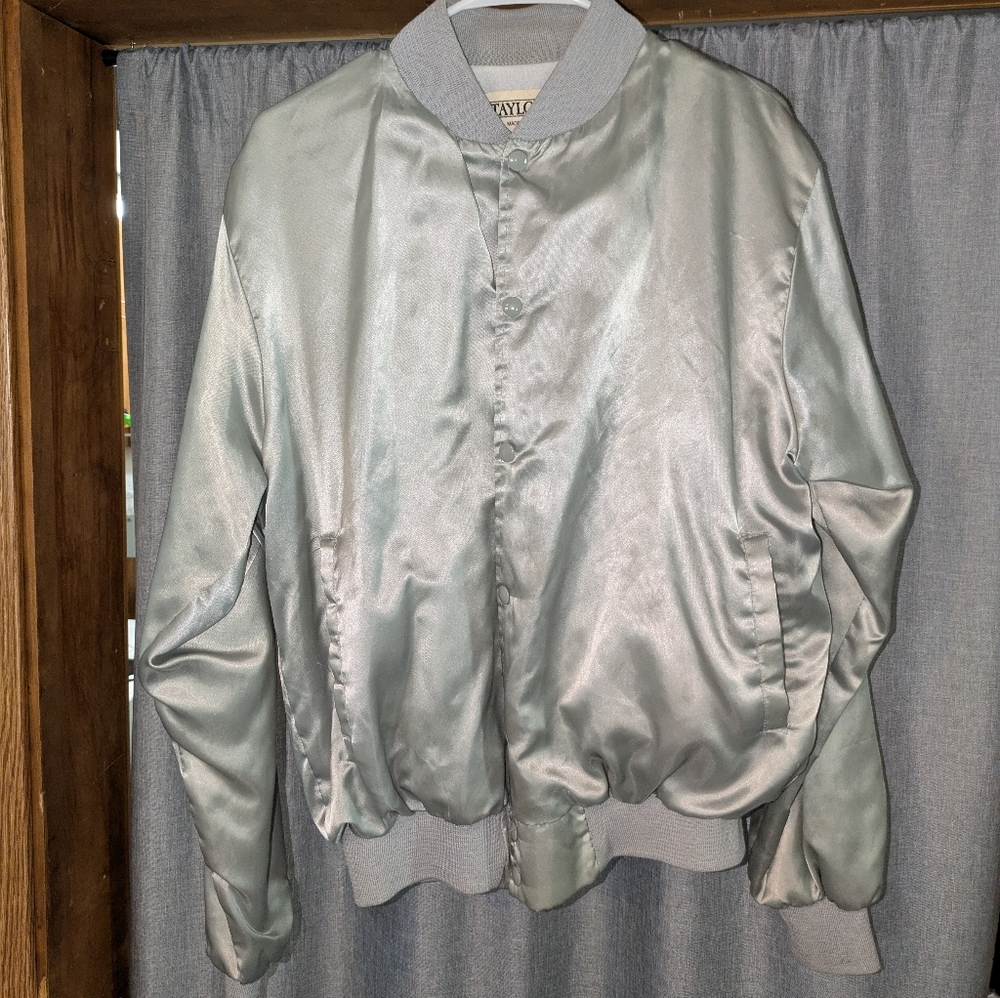 Silver Faux Satin Bomber Jacket